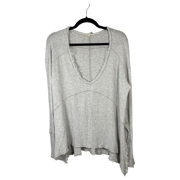 Free People Drippy Thermal Waffle Knit Raw Hem Long Sleeve Light Grey Top Medium - Picture 3 of 8